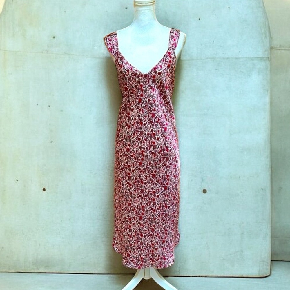 Vtg Lily of France Silky Red White Floral Sleeveless Midi Slip Dress & Robe Lrg